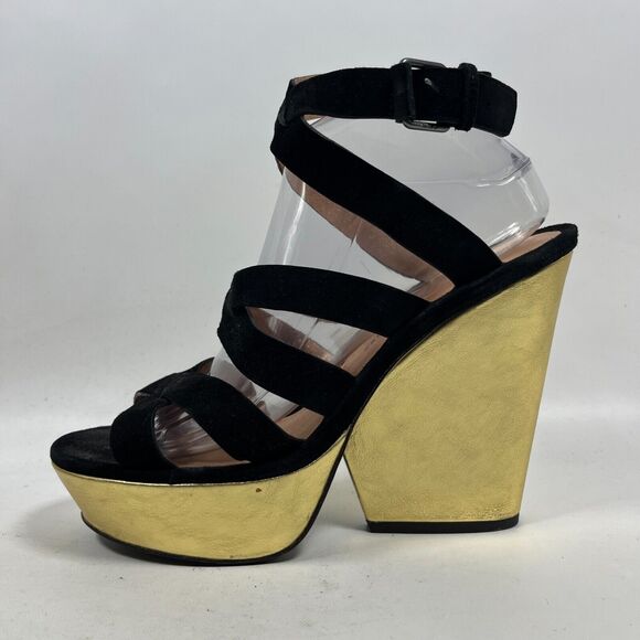 MARC BY MARC JACOB Sandals 40 Suede 5" Block Heels Platform Black Gold - Picture 3 of 16